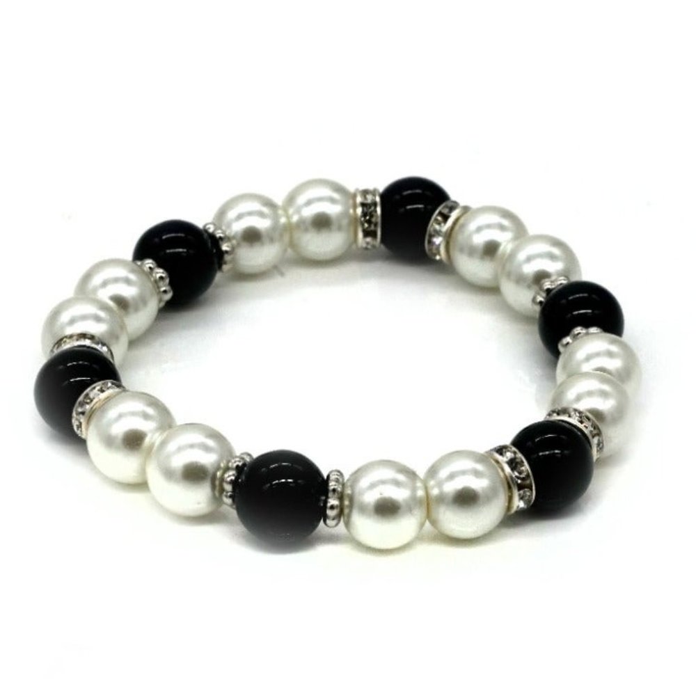 Pearl Bracelet with Black beads & Rhinestones. OS. - Picture 1 of 2